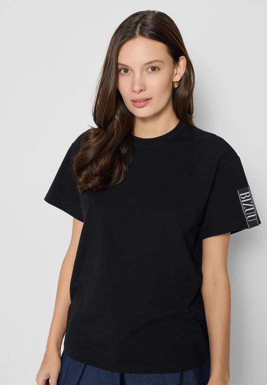 Black t-shirt with logo on sleeve TISHAM