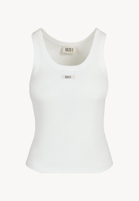 Front of cream strapless top with logo on front of EJRIS.