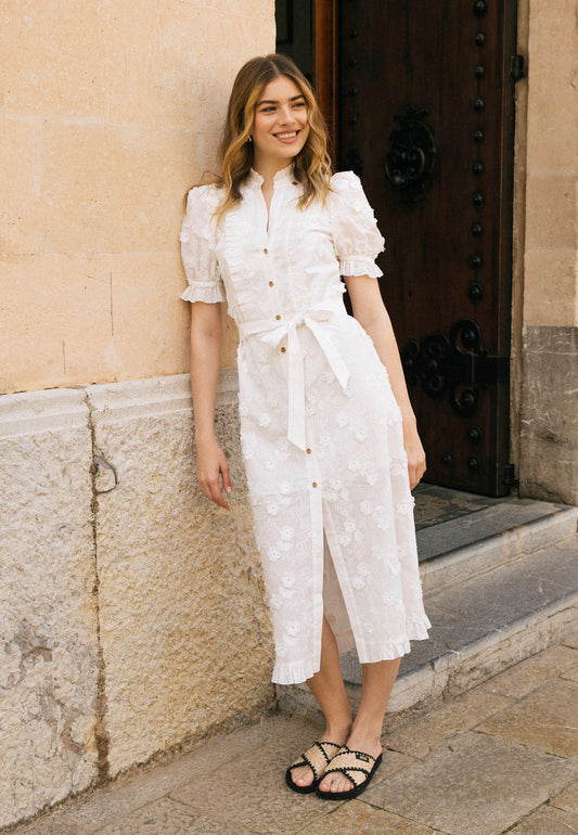 White maxi dress with decorative flowers NATTA