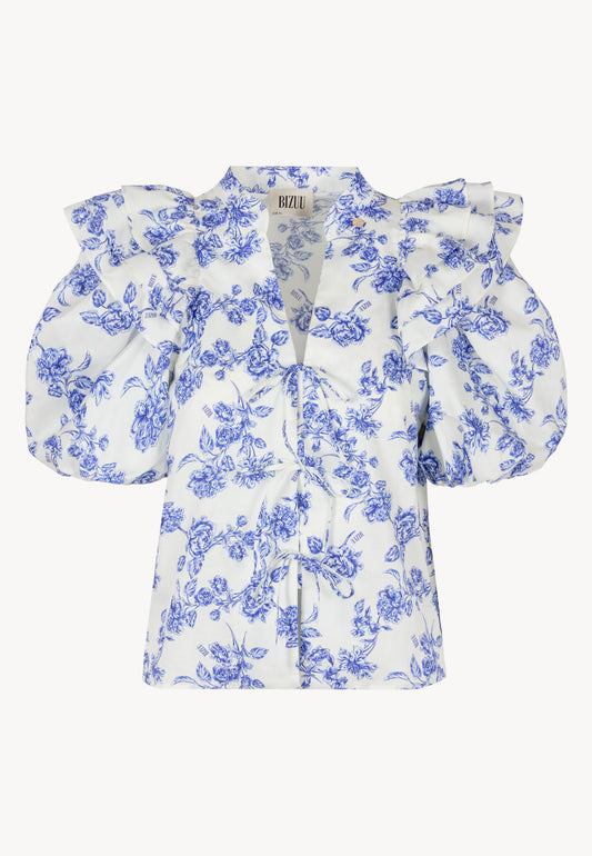 ALIANNA blouse in blue floral print with front ties and buff sleeves.