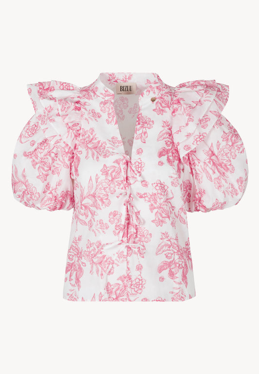 ALIANNA cotton blouse in a floral print in white and pink. The blouse ties at the front and has buff sleeves.