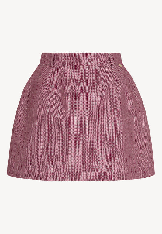 Front view of the BREDA mini skirt in a burgundy herringbone pattern.