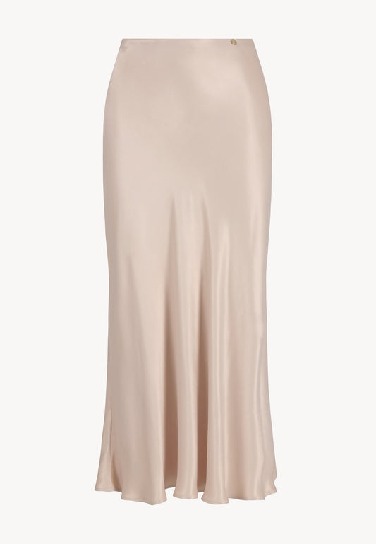Front view of the beige BREE midi skirt.