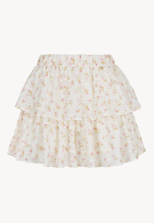 The front of the mini skirt and pants in small flowers with two COKO ruffles.