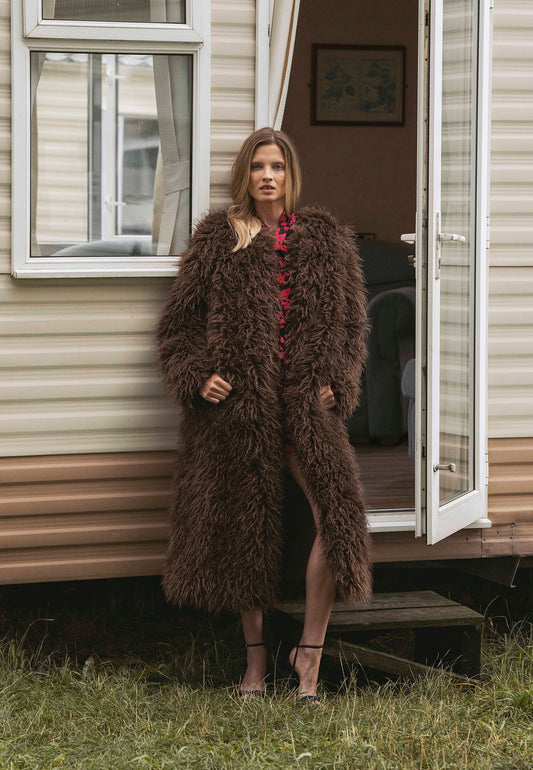 Brown long-hair faux fur GENUA coat.