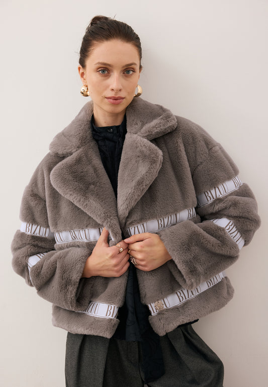 Taupe GREGORIA short faux fur coat with branded side stripes