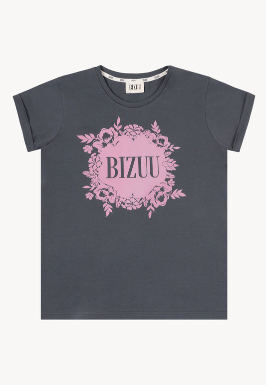Graphite IOLA T-shirt with pink graphic and front logo – front view.