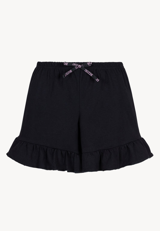 Front view of the black LIMA pajama shorts with a decorative bow and ruffles.