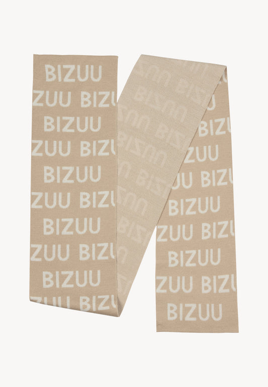Beige LOGGU scarf with BIZUU logo pattern.