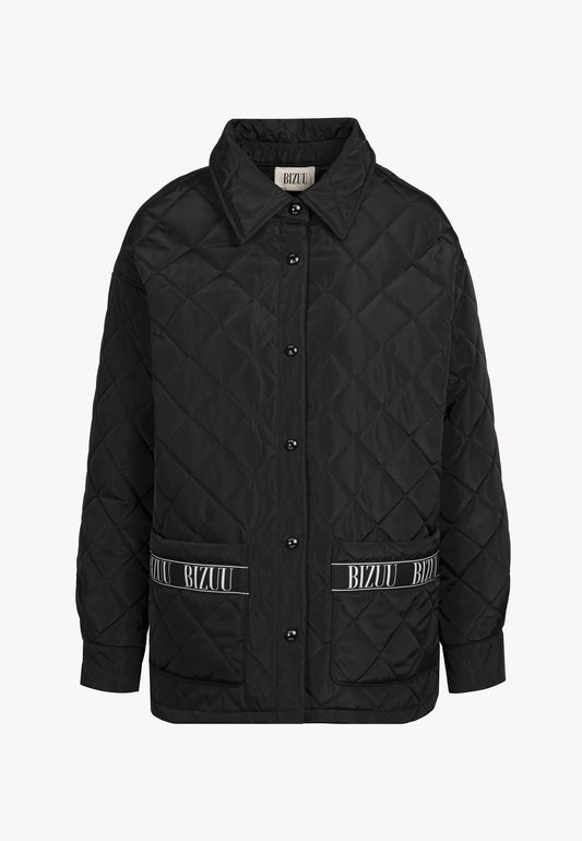 Front of a black quilted MARIN jacket with logo tape on the pockets.