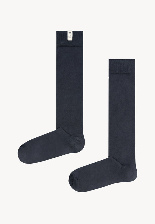 Gray SCHOOLI knee-high socks with a jacquard bow and BIZUU logo.