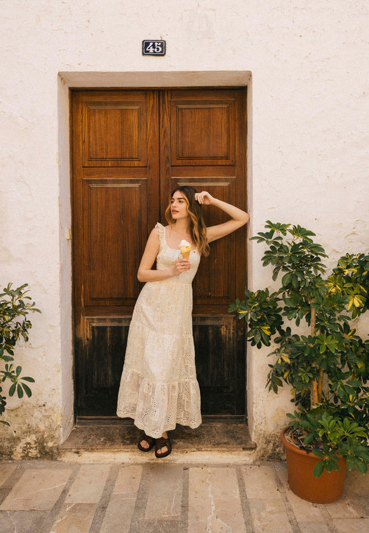 Cream dress with a tie at the neckline ROCHELLE