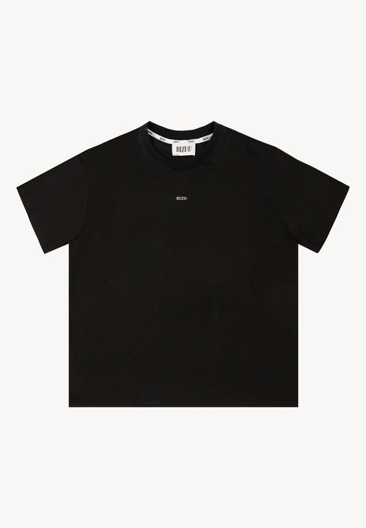 Front view of the black cotton TISHAL T-shirt with logo on the front.
