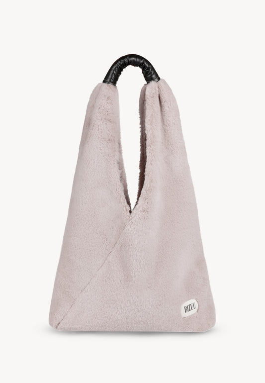 Front view of the beige faux fur TULI bag.