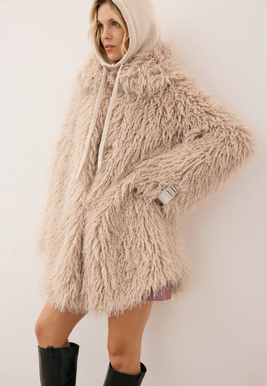 Beige VICENZA long-hair faux fur coat.