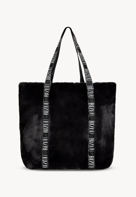 Black faux fur FUZZY bag with branded straps.