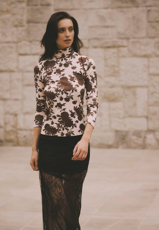 Cream turtleneck with author's OWAKA floral print