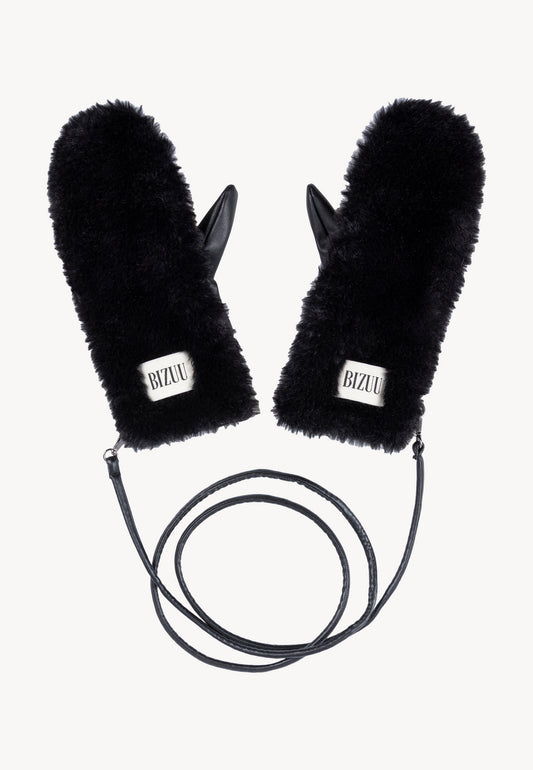 Black faux fur ROKKA mittens connected with an eco-leather cord.