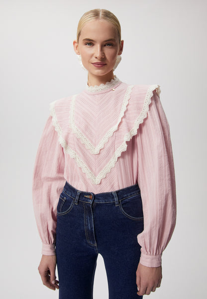 Elegant blouse with a stand-up collar and long sleeves SONETTE in pink