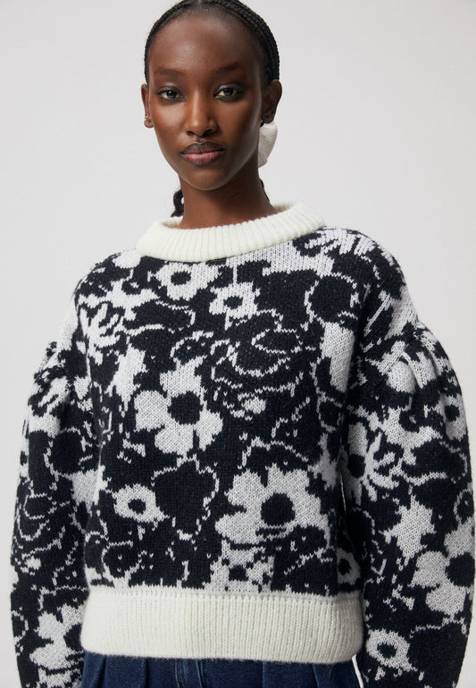 Black floral sweater with a round neckline PALAVIA