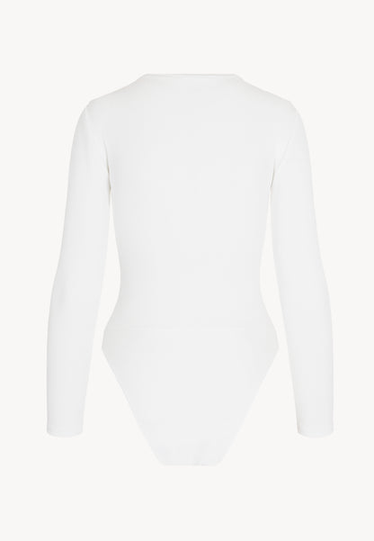 Wrap-style women's bodysuit in cream made of knit fabric with a V-neck ESMESA