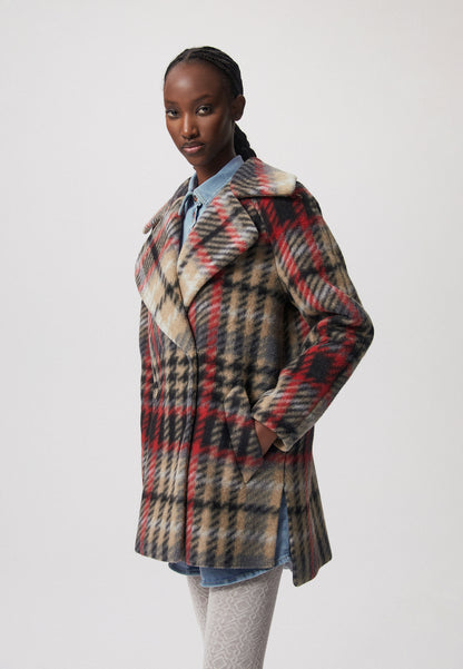 Short coat in checkered pattern with flared bottom NALU in beige