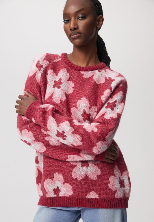 Floral sweater with round neckline DOOM in burgundy