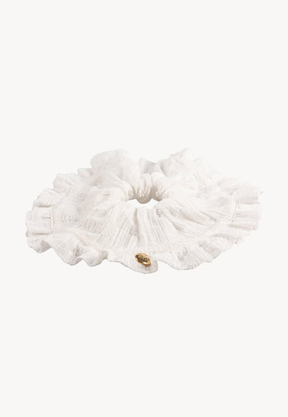 Hair tie with ruffle and gold charm ROSA in white