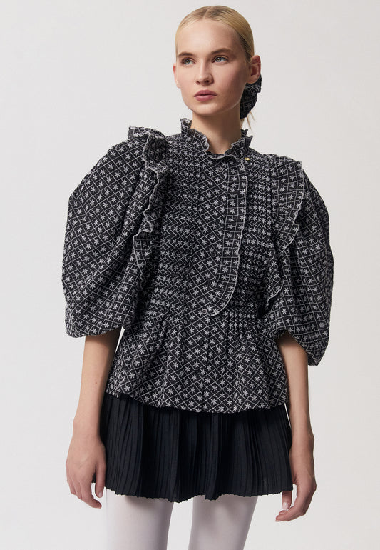 Blouse with puff sleeves and ruffles ULLA in black