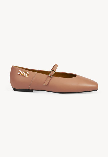 Leather ballet flats with a squared toe and a buckle strap NANTY beige