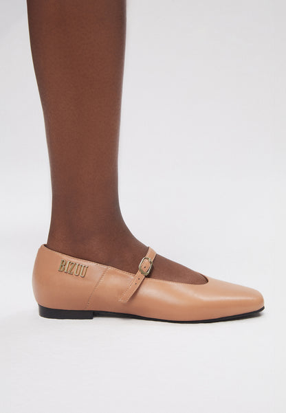 Leather ballet flats with a squared toe and a buckle strap NANTY beige
