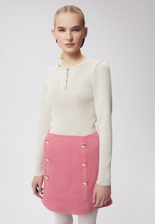 Sweater with round neckline fastened with wooden branded buttons VICKI beige