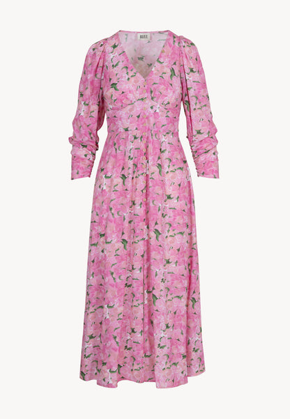 Midi dress with a v-neck and floral print SIESTA pink