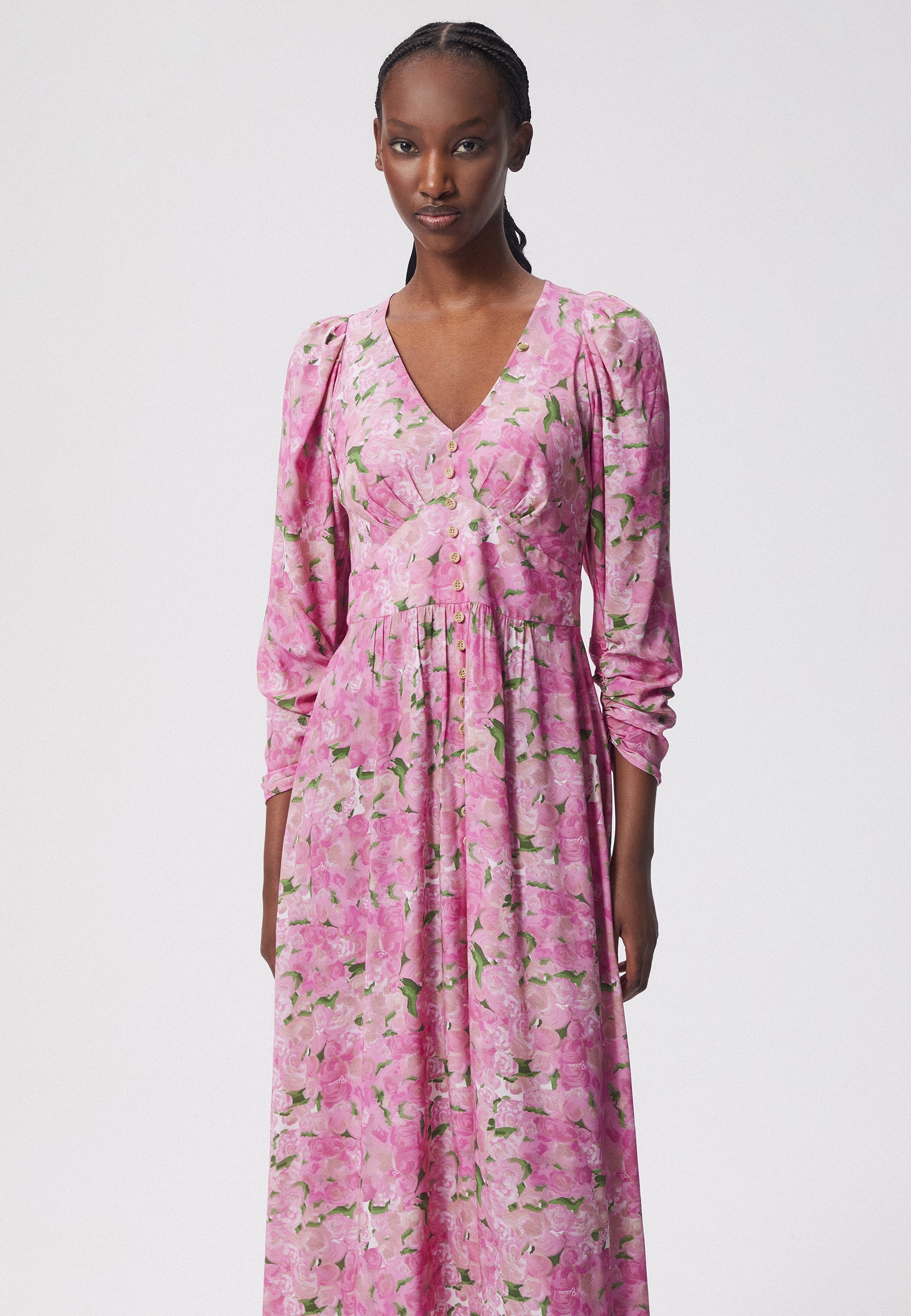 Midi dress with a v-neck and floral print SIESTA pink