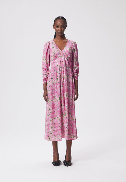 Midi dress with a v-neck and floral print SIESTA pink