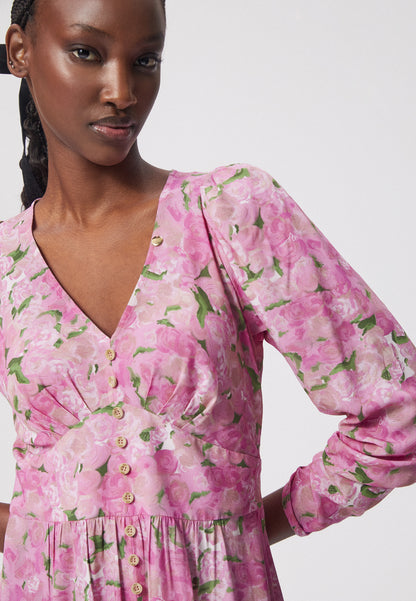 Midi dress with a v-neck and floral print SIESTA pink