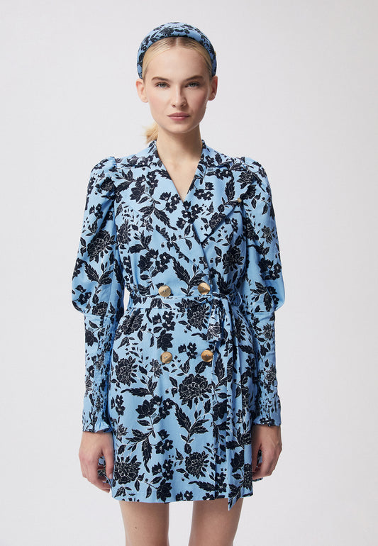 Double-breasted dress with puff sleeves and a waist belt GEORGINA blue