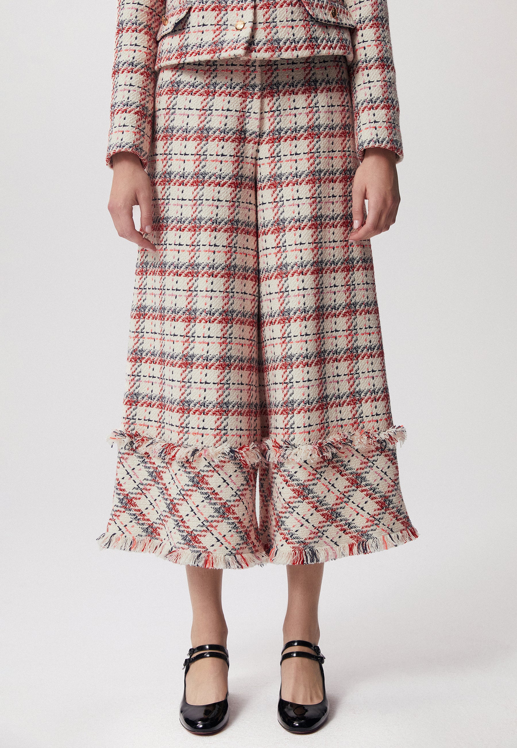 Tweed trousers with wide legs in check pattern TIRAN cream