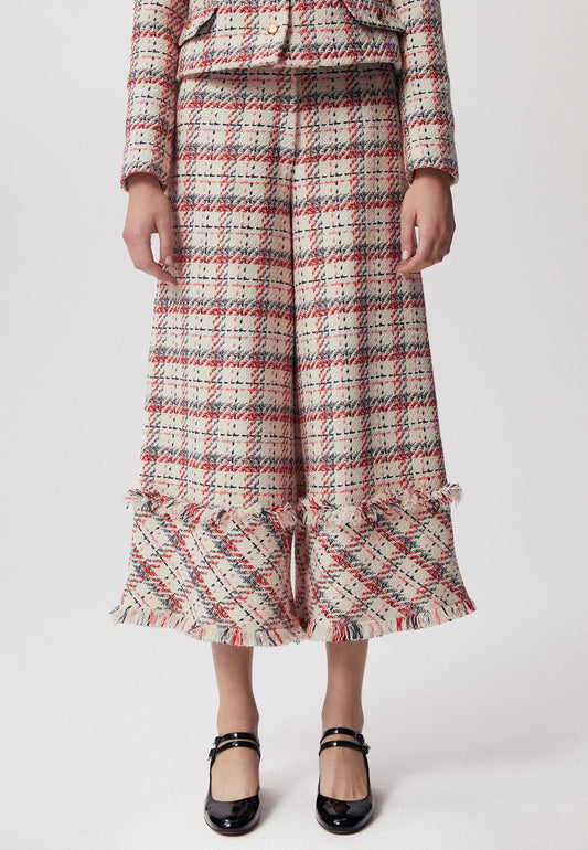 Tweed trousers with wide legs in check pattern TIRAN cream