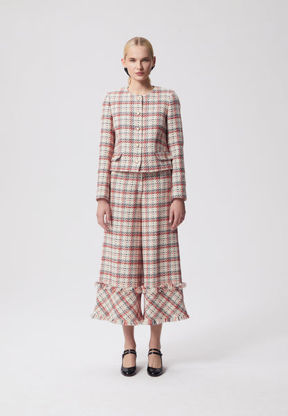 Tweed trousers with wide legs in check pattern TIRAN cream