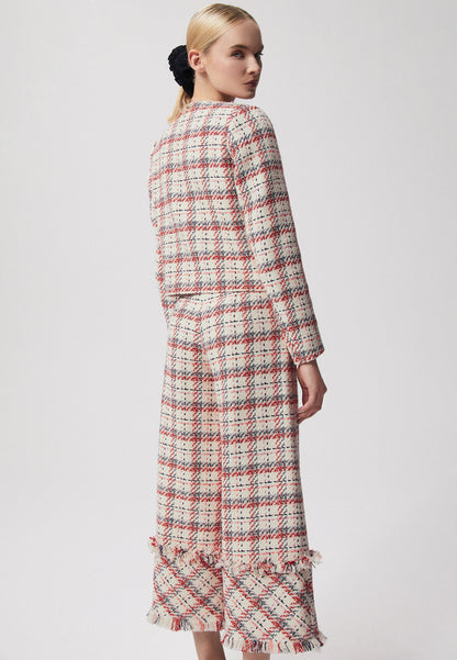 Tweed trousers with wide legs in check pattern TIRAN cream