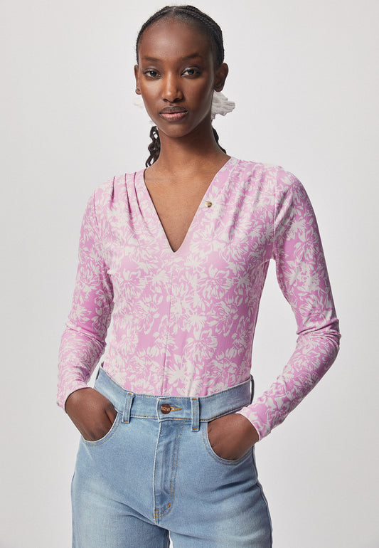 Floral V-neck bodysuit with long sleeves RORY in pink