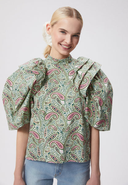 Blouse with a stand-up collar and puffed sleeves CASSANDRA green