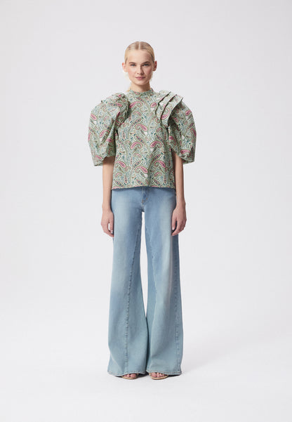 Blouse with a stand-up collar and puffed sleeves CASSANDRA green