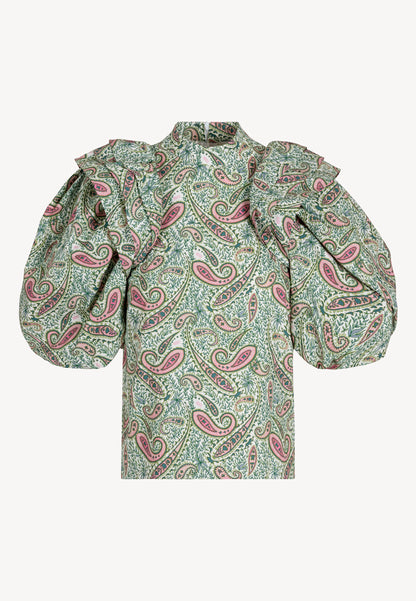 Blouse with a stand-up collar and puffed sleeves CASSANDRA green