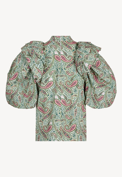 Blouse with a stand-up collar and puffed sleeves CASSANDRA green