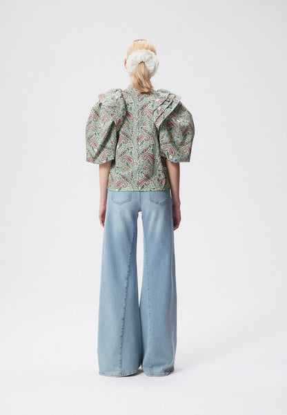 Blouse with a stand-up collar and puffed sleeves CASSANDRA green