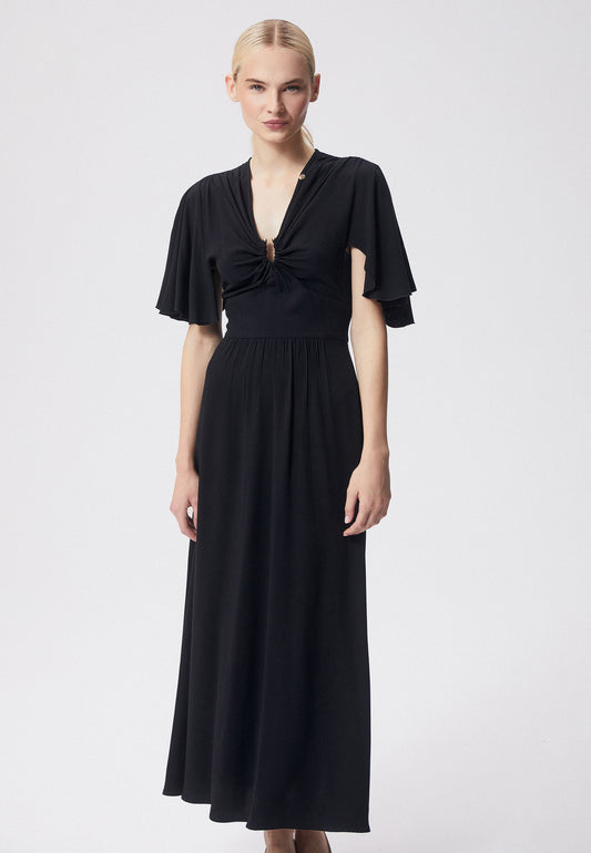 Midi dress made of viscose with a V-neckline and a flared bottom ALMATHEA black