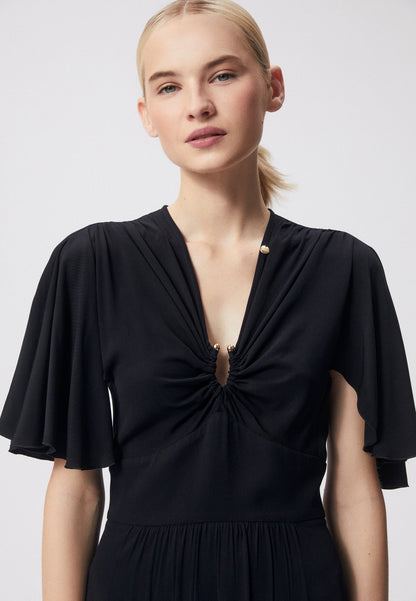 Midi dress made of viscose with a V-neckline and a flared bottom ALMATHEA black