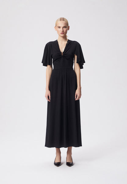 Midi dress made of viscose with a V-neckline and a flared bottom ALMATHEA black